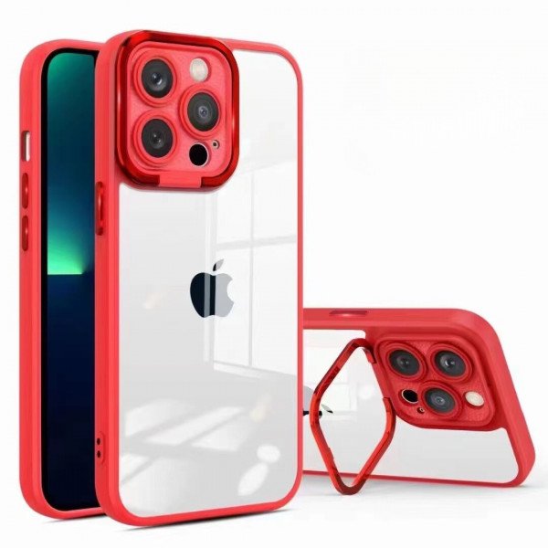 Wholesale Clear Transparent Camera Protection Chrome Button Cover Case for iPhone 14 Pro Max 6.7 (Red)